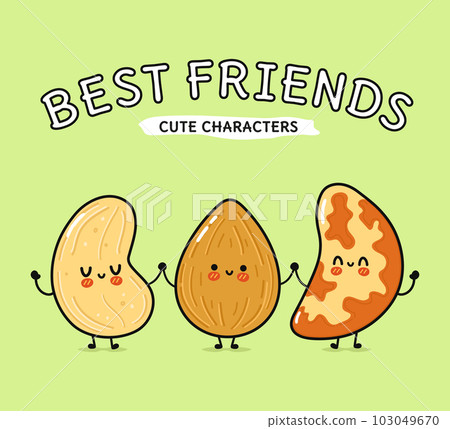 Cute, funny happy almonds, Brazilian nut and cashews nut. Vector hand drawn cartoon kawaii characters, illustration icon. Funny happy cartoon almond, Brazilian nut cashew nut mascot friends concept 103049670