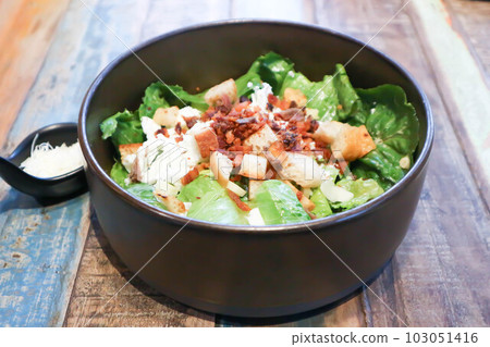 caesar salad or vegetable salad with bacon and soft boiled egg , Bread Croutons and cheese caesar salad or vegetable salad with bacon and soft boiled egg , Bread Croutons and cheese 103051416