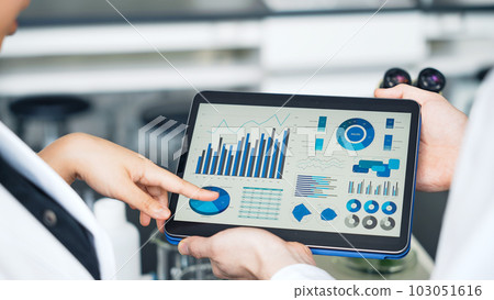 研究人員在實驗室中查看平板電腦上的數據 103051616