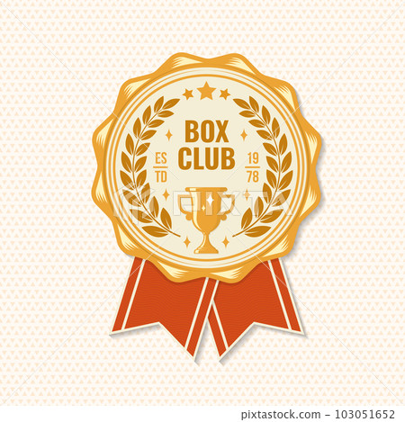 Boxing club badge, logo, patch design. Vector illustration. For Boxing sport club emblem, sign, patch, shirt, template. Vintage retro patch, shirt, label, sticker with golden cup Silhouette. 103051652