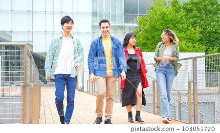 Multinational student group walking on campus Multinational student group walking on campus 103051720
