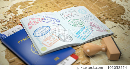 Opened passport with visa stamps with airline boarding pass tickets on the world map. Travel or turism concept.  3d illustration 103052254