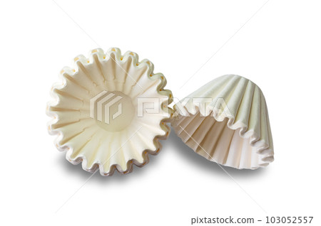 Top view, flat lay stack of new paper coffee filters isolated on white background. Top view, flat lay stack of new paper coffee filters isolated on white background. 103052557