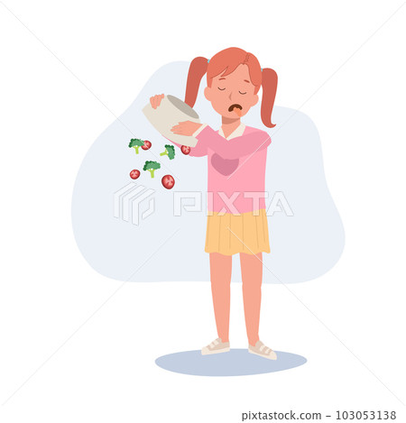 cute young girl,kid do not want to eat vegetable, salad. children hate vegetables. Flat vector cartoon illustration 103053138