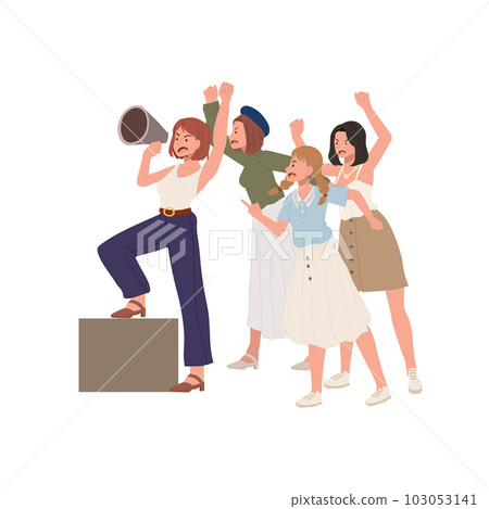 Crowd of women, woman protest hold megaphone. flat vector cartoon illustration Crowd of women, woman protest hold megaphone. flat vector cartoon illustration 103053141