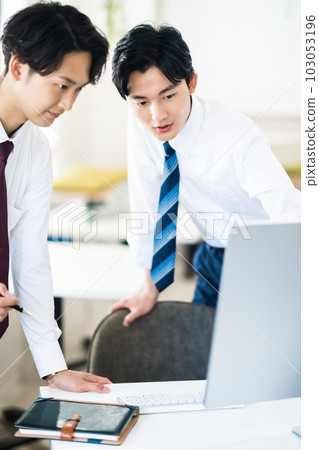 兩位商人在顯示器上檢查演示材料 兩位商人在顯示器上檢查演示材料 103053196