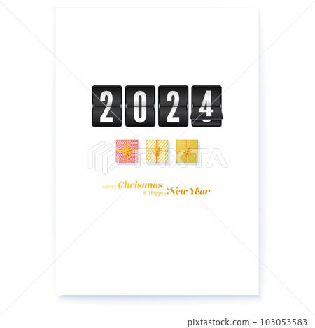 Happy New Year 2024. Poster template. Analog mechanical flip timetable and gift boxes on white background 103053583