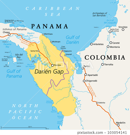 Darien Gap, political map. Geographical region in the Isthmus of Panama, connecting North and South America with Central America. The gap is in the Pan-American Highway of which a part were not built. 103054141