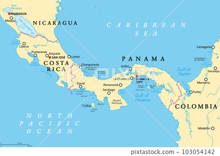 Costa Rica and Panama, political map, with the Isthmus of Panama and the Darien Gap. Narrow strip of land and region between the Caribbean Sea and the Pacific Ocean, linking North and South America. Costa Rica and Panama, political map, with the Isthmus of Panama and the Darien Gap. Narrow strip of land and region between the Caribbean Sea and the Pacific Ocean, linking North and South America. 103054142