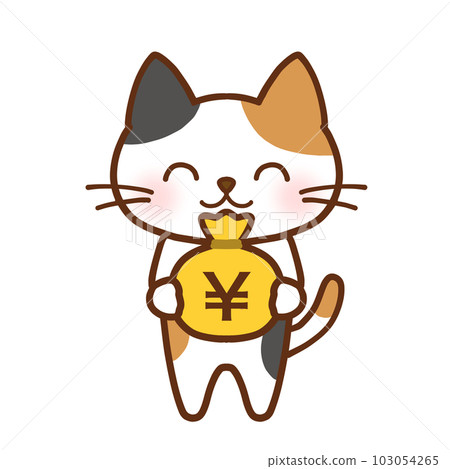 A calico cat smiling with a bag of money A calico cat smiling with a bag of money 103054265