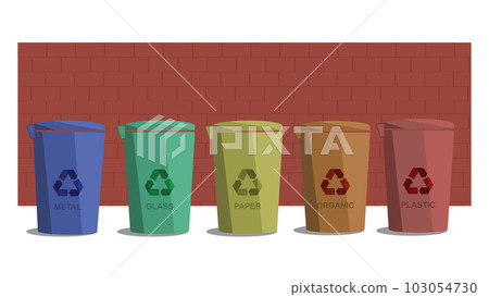 Minimalistic vector illustration of five labeled recycle bins in front of a brick wall 103054730