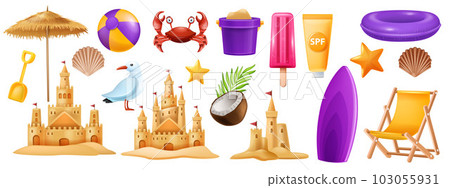 3D sand castle set, beach summer vacation vector clipart kit, kid bucket, red crab, starfish, ball 3D sand castle set, beach summer vacation vector clipart kit, kid bucket, red crab, starfish, ball 103055931