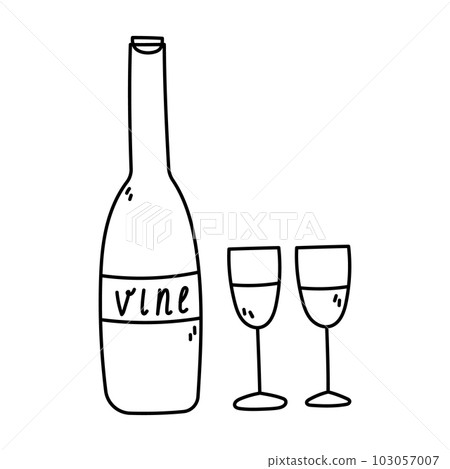 Doodle Wine with Glasses illustration. Summer vector illustration in Hand Draw style. Doodle Wine with Glasses illustration. Summer vector illustration in Hand Draw style. 103057007
