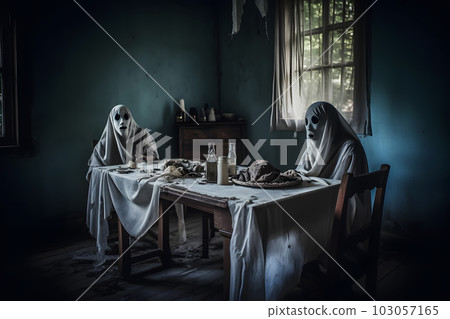 Haunted old castle with ghost family. Neural network AI generated art Haunted old castle with ghost family. Neural network AI generated art 103057165