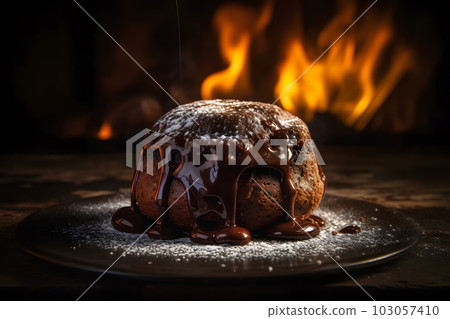 Delicious fresh fondant with hot chocolate and mint on black table. Neural network AI generated art Delicious fresh fondant with hot chocolate and mint on black table. Neural network AI generated art 103057410