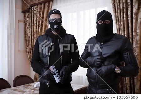 Bank robbery of the century. Criminal man in a hidden mask holding the shotgun while robbery the money on the bank. Neural network AI generated art 103057600