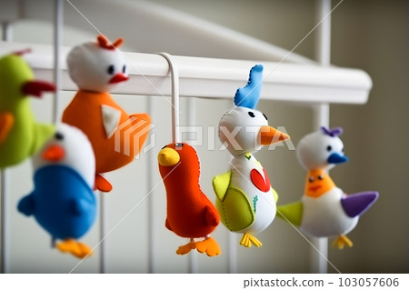 crib toy baby mobile with plush animals. Neural network AI generated art crib toy baby mobile with plush animals. Neural network AI generated art 103057606