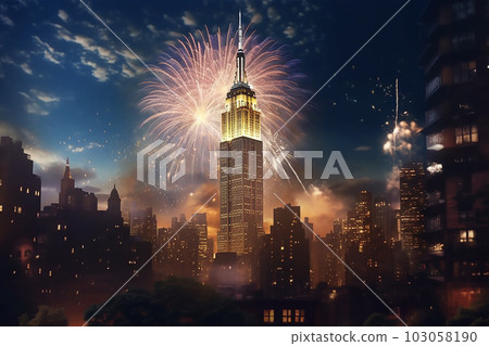 Colorful fireworks on the background of the New York night sky. Festive celebration of Independence Day. Generative AI 103058190
