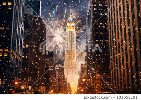 Colorful fireworks on the background of the New York night sky. Festive celebration. Generative AI 103058191