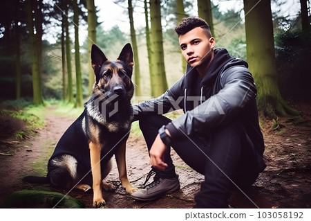 Man walking with his dog friend. Neural network AI generated art 103058192