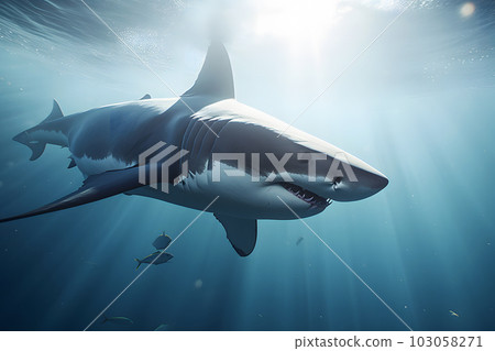 Great white Shark posing in the deep blue water. Neural network AI generated art 103058271
