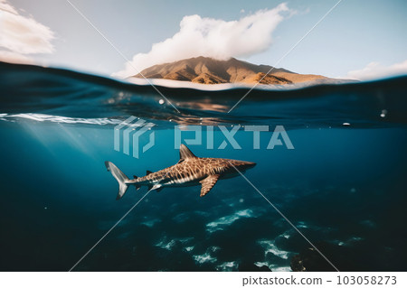 Great white Shark posing in the deep blue water. Neural network AI generated art Great white Shark posing in the deep blue water. Neural network AI generated art 103058273