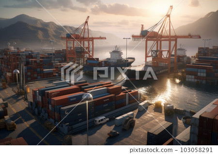 Large cargo vessel docked in a busy port, surrounded by rows of colorful containers. AI Generative. Large cargo vessel docked in a busy port, surrounded by rows of colorful containers. AI Generative. 103058291