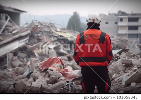 rescuers removing concrete rubble. Neural network AI generated art rescuers removing concrete rubble. Neural network AI generated art 103058345