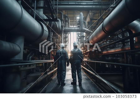 teamwork: group of industrial workers in a refinery - oil processing equipment and machinery. Neural network AI generated art teamwork: group of industrial workers in a refinery - oil processing equipment and machinery. Neural network AI generated art 103058373