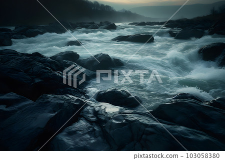 A mountain river or stream raging in a flash flood. Neural network AI generated art 103058380
