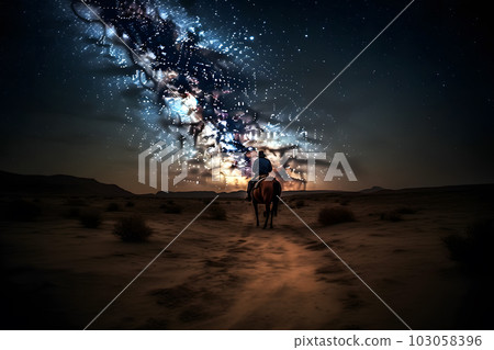 Landscape with Milky Way. Cowboy with his horse. Neural network AI generated art 103058396