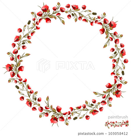 Vector floral set of seamless floral brush strokes of red poppy flowers and leaves. Vector floral set of seamless floral brush strokes of red poppy flowers and leaves. 103058412