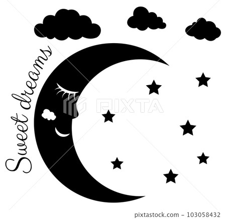 tired moon sleeps on a white sky with stars and clouds. 103058432