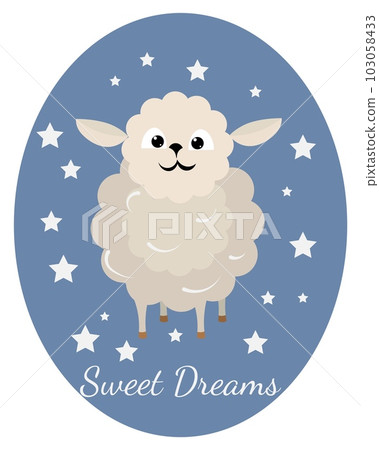 inscription of sweet dreams and a cute lamb on a blue background with stars. inscription of sweet dreams and a cute lamb on a blue background with stars. 103058433