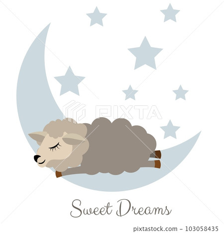 inscription sweet dreams and the sheep is sleeping on a white background with blue stars. inscription sweet dreams and the sheep is sleeping on a white background with blue stars. 103058435