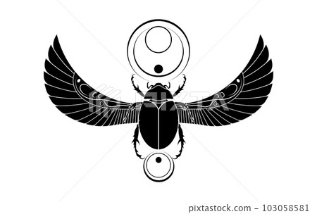 egyptian sacred Scarab wall art design. beetle with wings. Vector illustration black logo, personifying the god Khepri. Symbol of the ancient Egyptians. To be colored isolated on white background egyptian sacred Scarab wall art design. beetle with wings. Vector illustration black logo, personifying the god Khepri. Symbol of the ancient Egyptians. To be colored isolated on white background 103058581