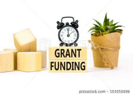 Grant funding symbol. Concept words Grant funding on wooden blocks. Beautiful white table white background. Black alarm clock. House plant. Business and grant funding concept. Copy space. 103058896