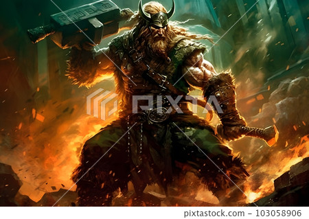 God Thor holds the hammer Mjelnir, a warrior with a sword, thunder and lightning, the battle of Ragnarok. Neural network AI generated art God Thor holds the hammer Mjelnir, a warrior with a sword, thunder and lightning, the battle of Ragnarok. Neural network AI generated art 103058906