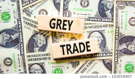 Grey trade symbol. Concept words Grey trade on wooden block. Beautiful background from dollar bills. Dollar bills. Business grey trade concept. Copy space. Grey trade symbol. Concept words Grey trade on wooden block. Beautiful background from dollar bills. Dollar bills. Business grey trade concept. Copy space. 103058907