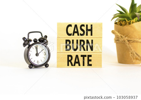 Cash burn rate symbol. Concept words Cash burn rate on wooden blocks on a beautiful white table white background. Black alarm clock. House plant. Business cash burn rate concept. Copy space. 103058937