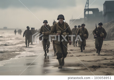 U.S. troops wading to Utah Beach during the D-Day. Neural network AI generated art 103058951