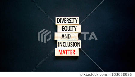 DEI Diversity equity inclusion matter symbol. Concept words DEI diversity equity and inclusion matter on wooden block. Beautiful black background. Business diversity equity inclusion matter concept. 103058986