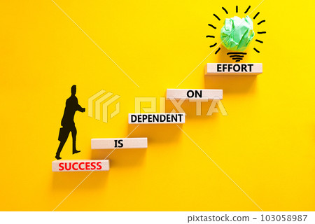 Success and effort symbol. Concept words Success is dependent on effort on wooden block. Beautiful yellow table yellow background. Businessman icon. Business success and effort concept. Copy space. Success and effort symbol. Concept words Success is dependent on effort on wooden block. Beautiful yellow table yellow background. Businessman icon. Business success and effort concept. Copy space. 103058987