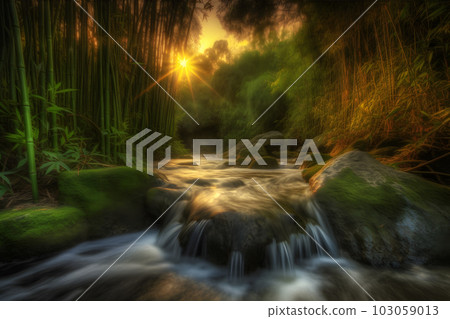 River and forest landscape sunset. Neural network AI generated art 103059013