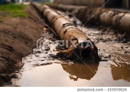 broken pipe that leaks water, water leak from public consumption pipe. Neural network AI generated art broken pipe that leaks water, water leak from public consumption pipe. Neural network AI generated art 103059026