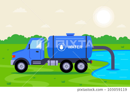 A blue truck is pumping water out of a lake. A blue truck is pumping water out of a lake. 103059119