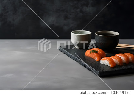 Asian food served on gray stone, top view. Chinese and vietnamese cuisine set. Neural network AI generated art Asian food served on gray stone, top view. Chinese and vietnamese cuisine set. Neural network AI generated art 103059151