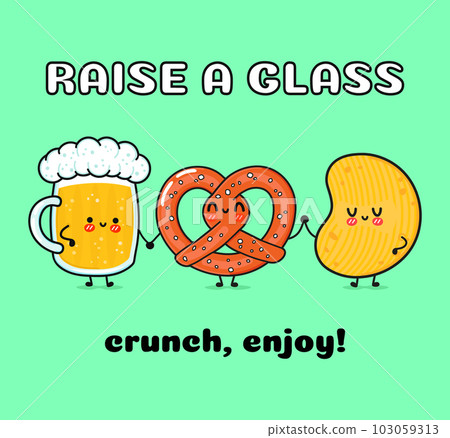 Cute, funny happy glass of beer, pretzel and chips. Vector hand drawn cartoon kawaii characters, illustration icon. Funny happy cartoon glass of beer, pretzel and chips mascot friends 103059313