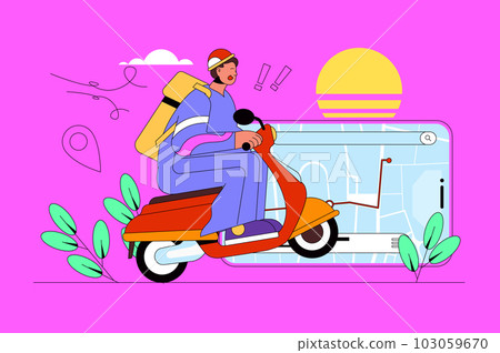 Delivery food web concept with character scene. Courier rides motorbike and carrying order for client, tracking route map. People situation in flat design. Vector illustration for marketing material. 103059670