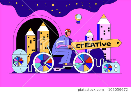 Creative process web concept with character scene. Man brainstorming, generates ideas and creating trendy art content. People situation in flat design. Vector illustration for marketing material. Creative process web concept with character scene. Man brainstorming, generates ideas and creating trendy art content. People situation in flat design. Vector illustration for marketing material. 103059672